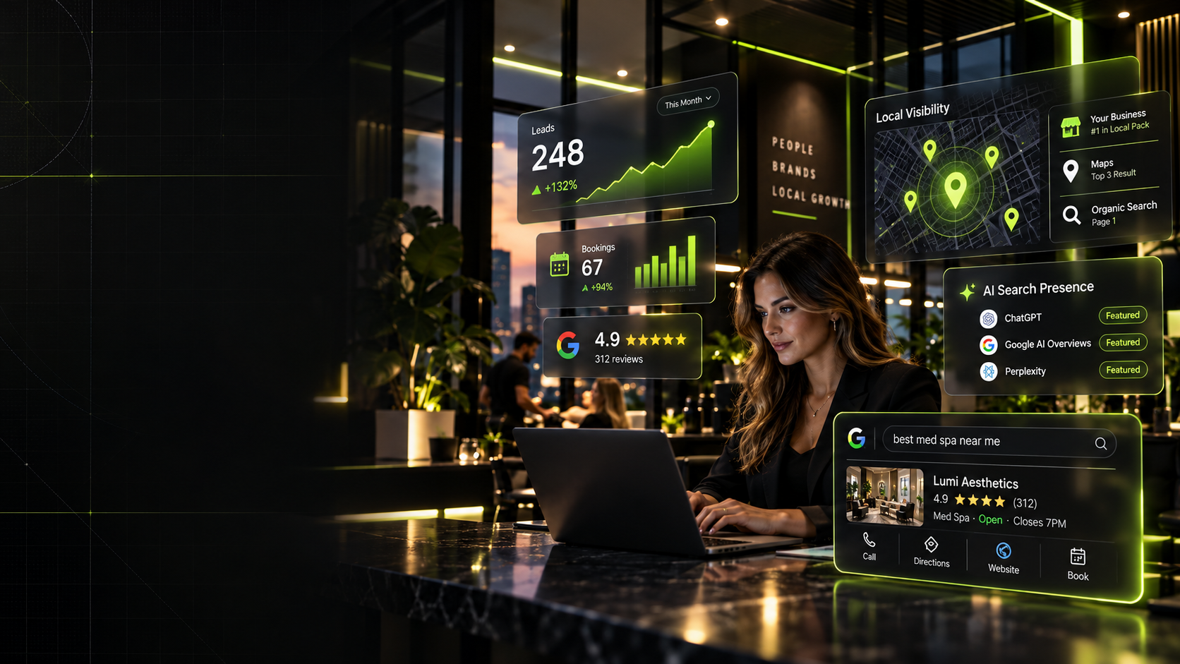 Med spa patient using SEO, Google Maps and AI search on a laptop
