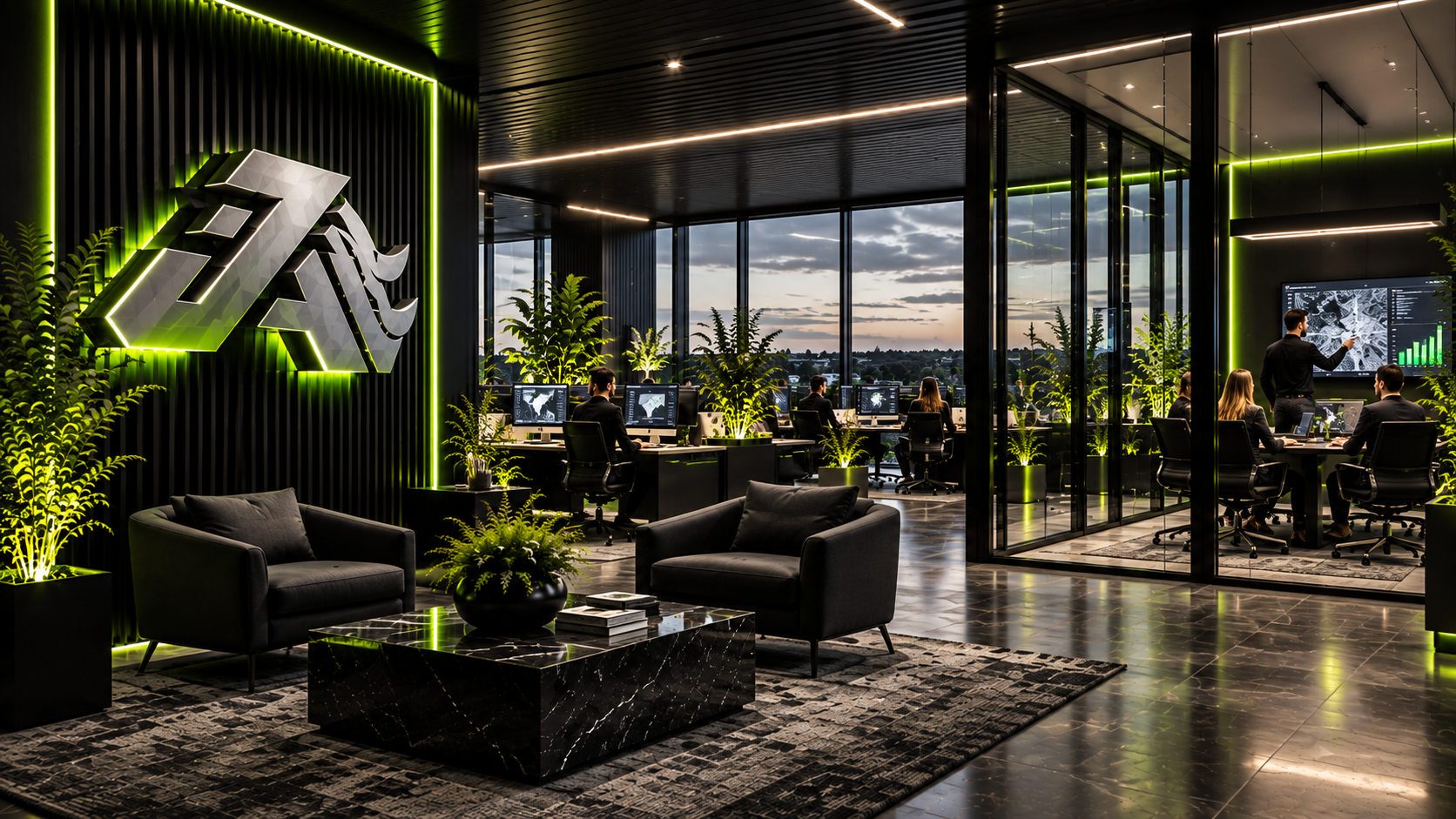 SEO Juggernaut team working in a charcoal and lime-lit office with the JA emblem