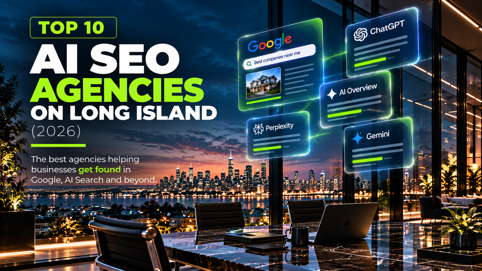 Top 10 AI SEO Agencies on Long Island (2026) title over a Manhattan skyline view with Google, ChatGPT, AI Overview, Perplexity and Gemini panels