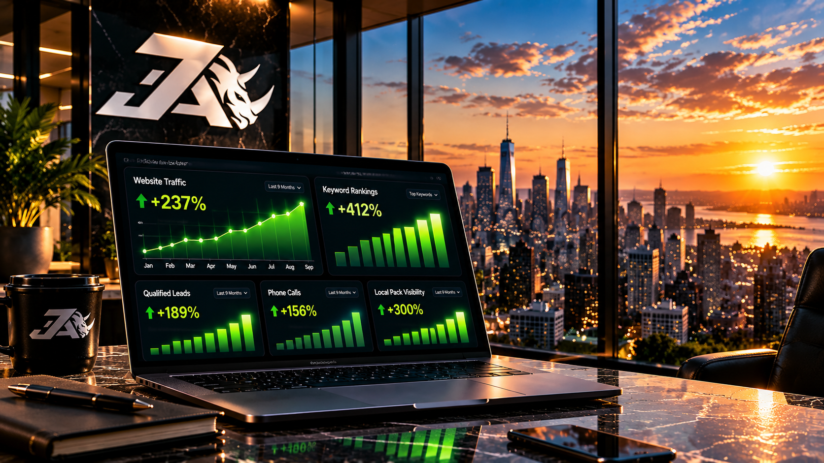 SEO Juggernaut reporting dashboard on a laptop showing traffic, rankings, leads, calls and local pack visibility