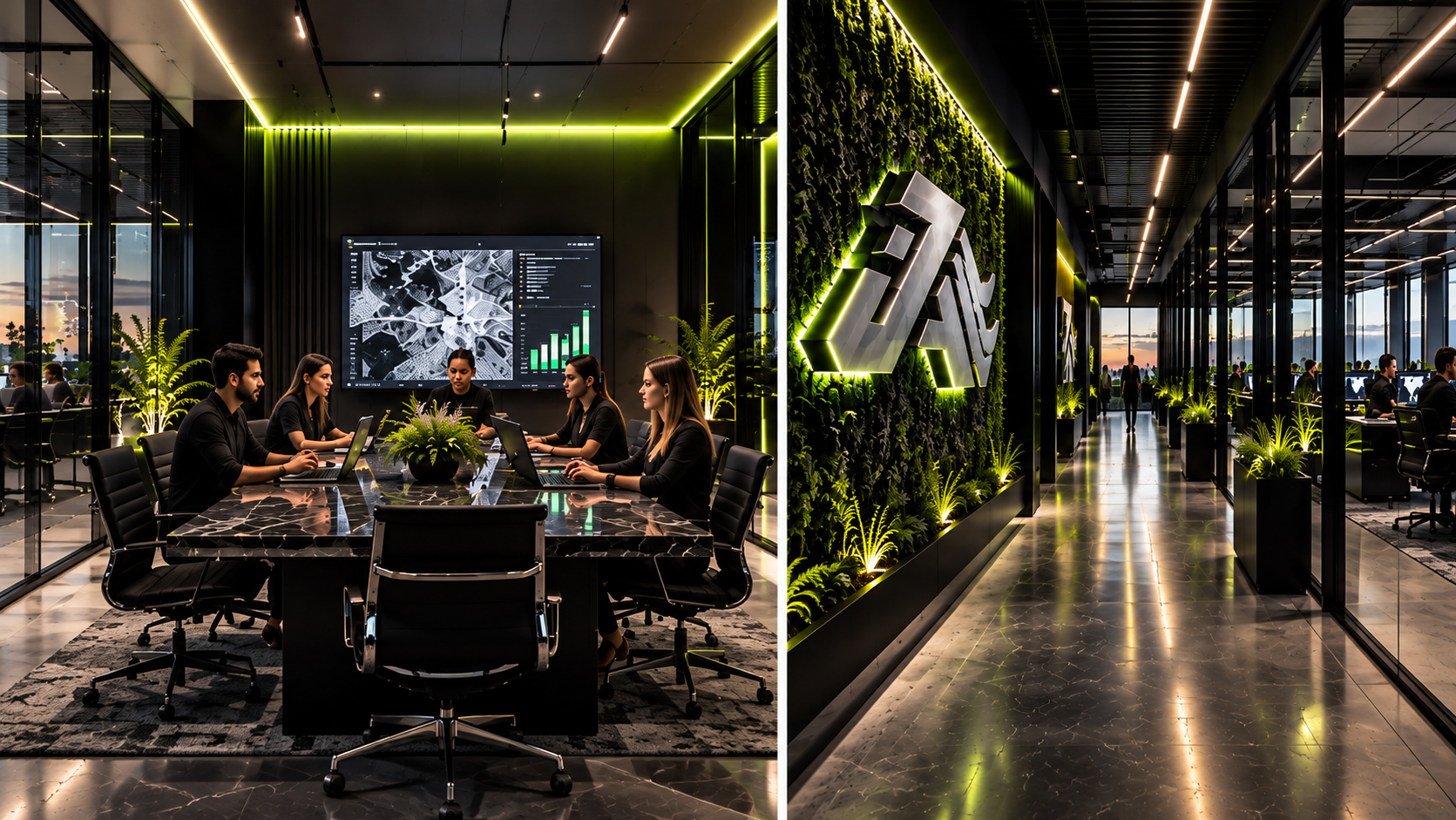 SEO Juggernaut team meeting in a conference room beside a lime-lit hallway with the JA emblem