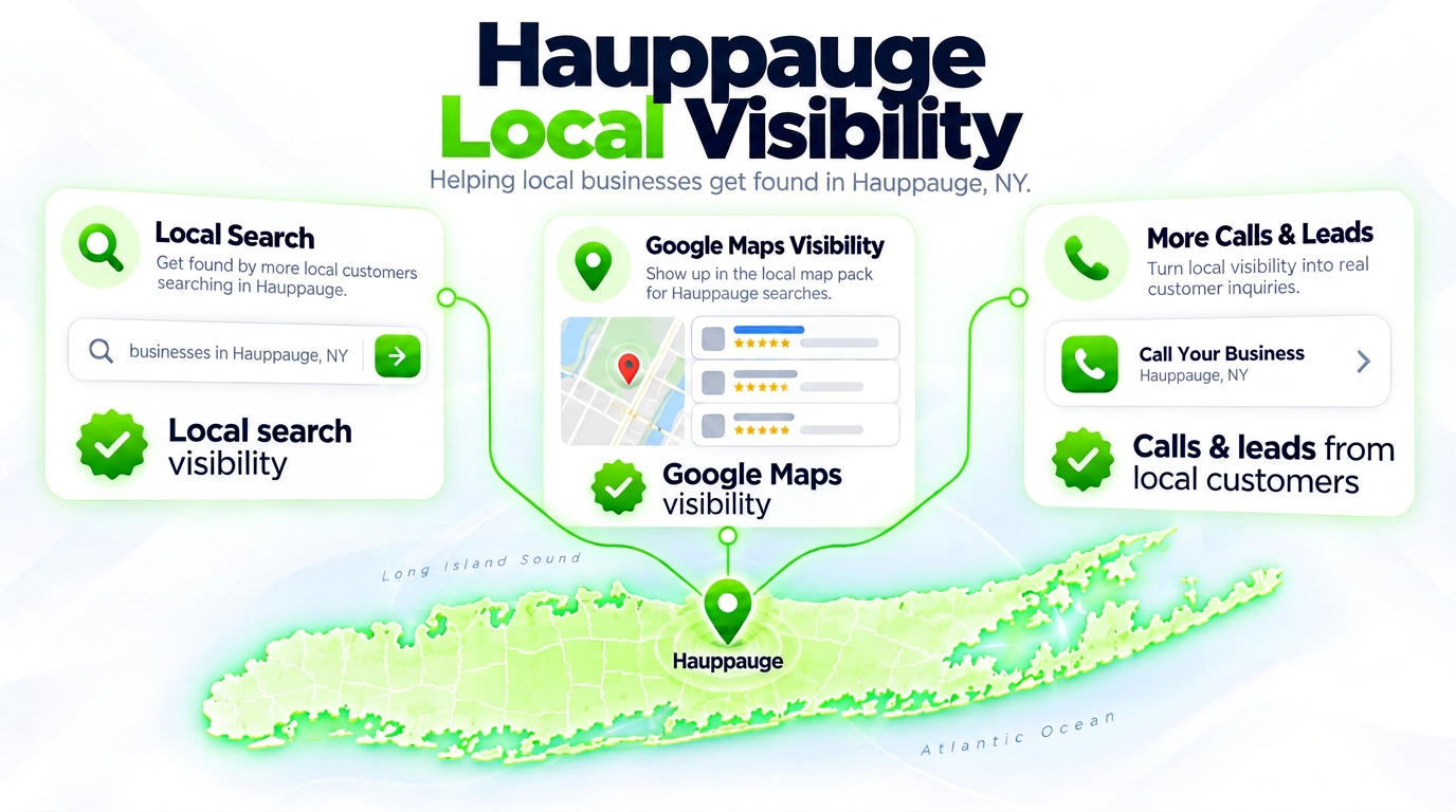 SEO Juggernaut search bar connected to AI chat assistants and a Google Maps pack over a Hauppauge neighborhood