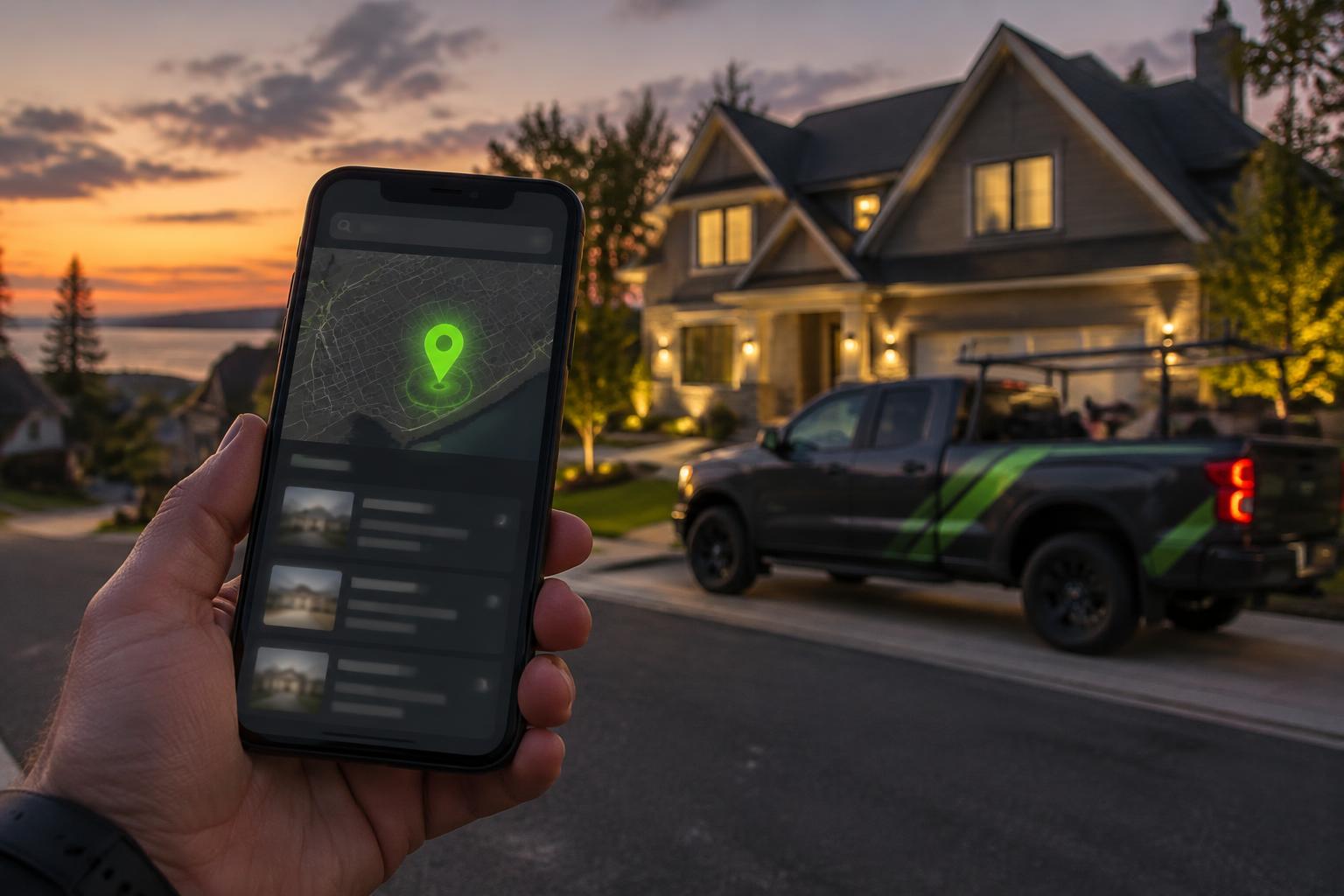 Phone showing a map pin for a local contractor outside a renovated home at dusk