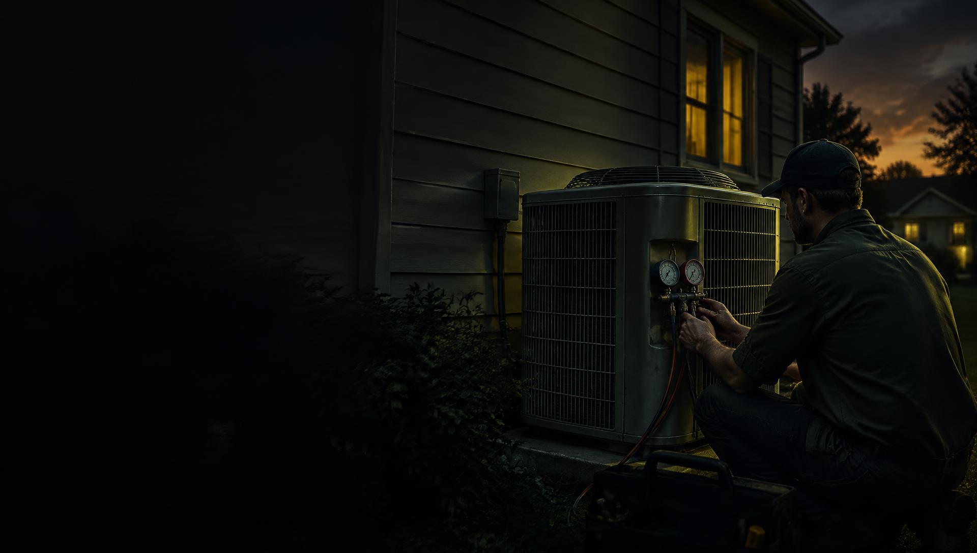 HVAC technician servicing a condenser unit outside a Long Island home, representing HVAC SEO and local search