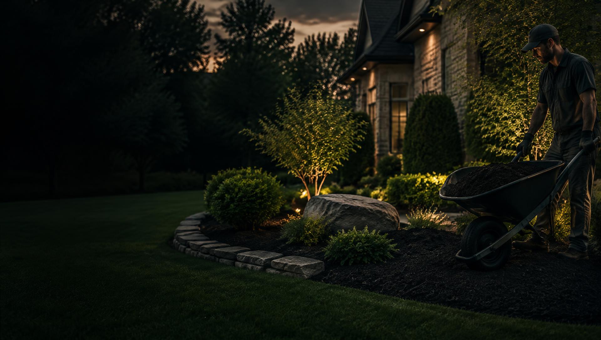 Landscaping crew installing a paver patio and plant beds in a Long Island backyard, representing landscaping SEO