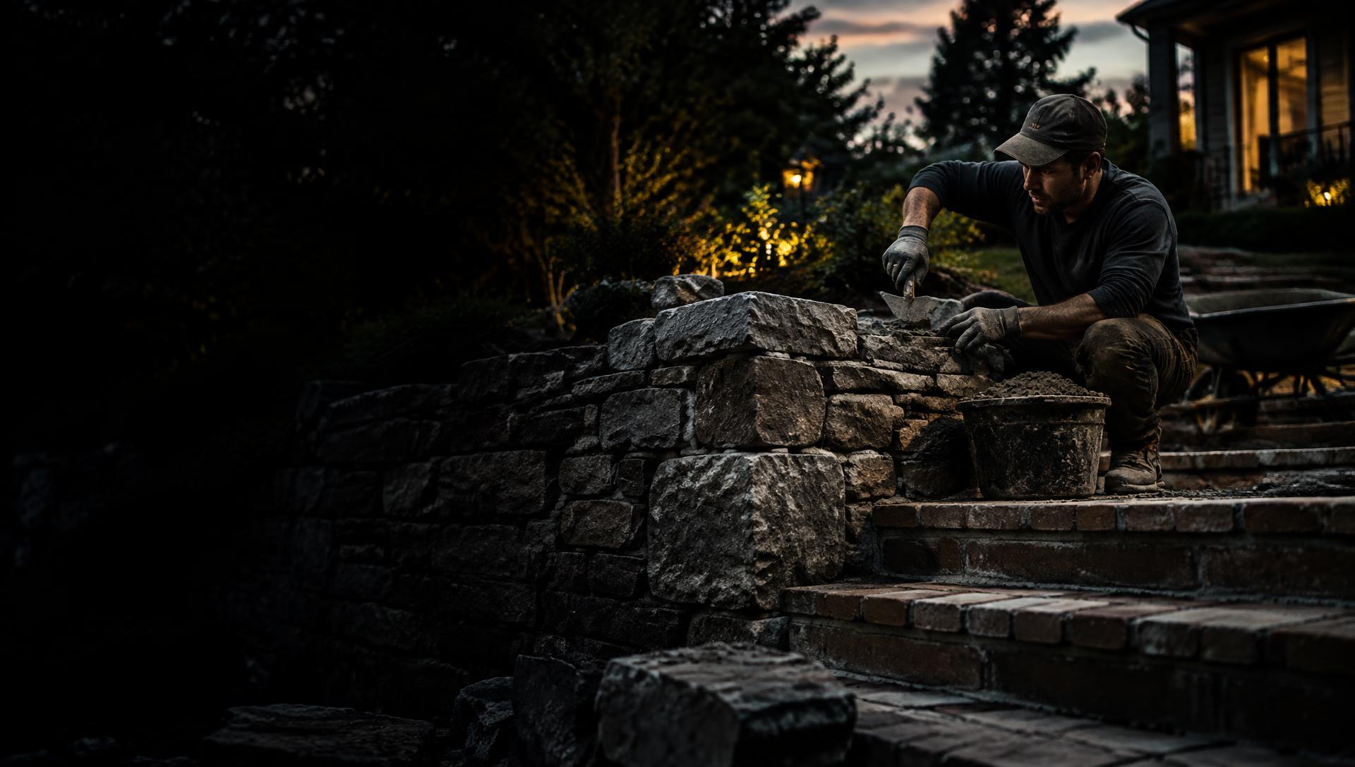 Mason laying a natural stone retaining wall on a Long Island property, representing masonry SEO