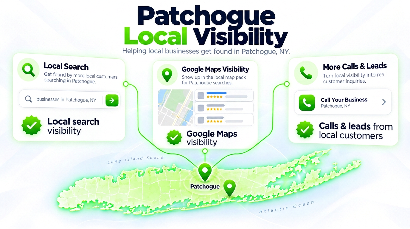 SEO Juggernaut search bar connected to AI chat assistants and a Google Maps pack over a Patchogue neighborhood