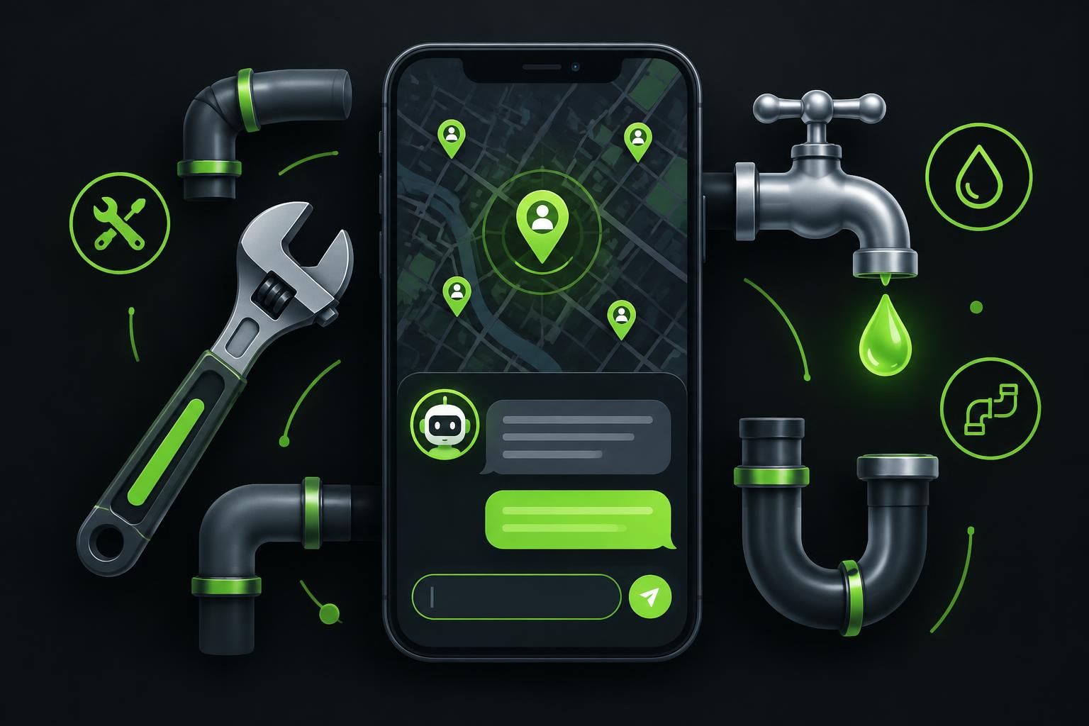 Illustration of search results and a map showing plumbing companies near a Long Island neighborhood